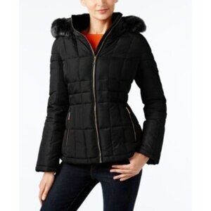 Calvin Klein Black Faux-Fur-Trim Hood Quilted Puffer Coat size L